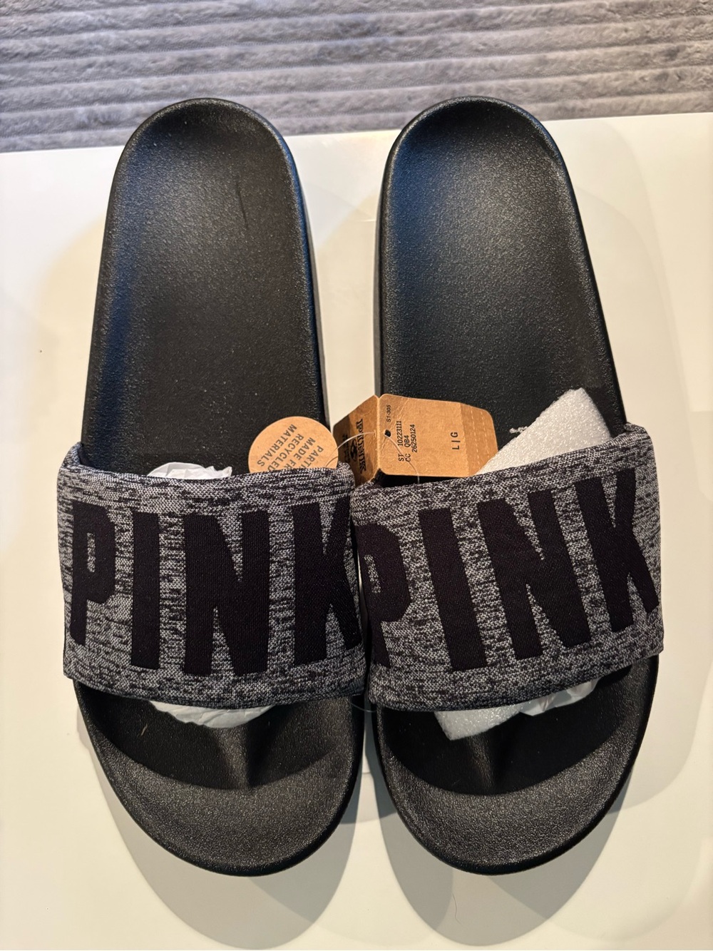 PINK Slide Sandals in Black and Heather Gray